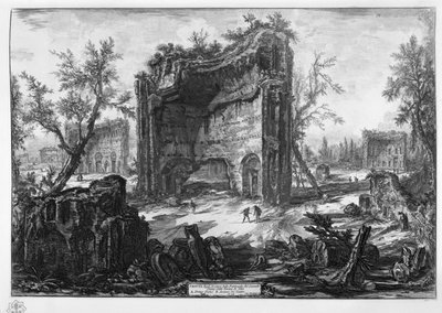 Ansicht der Überreste der Fabriken des zweiten Stockwerks der Thermen von Titus. A im Vordergrund. B Überreste des Theaters von Giovanni Battista Piranesi